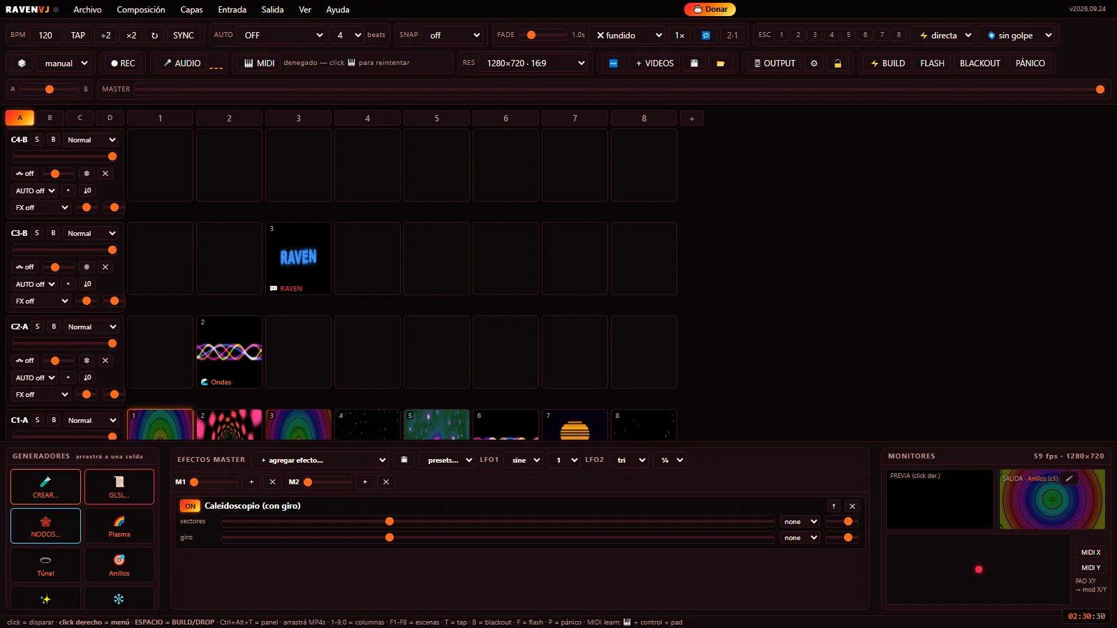 La consola de RAVEN VJ con el tema Fénix: grilla de clips, capas, efectos y monitores